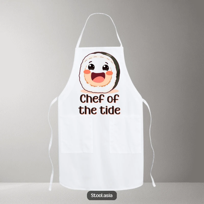 Funny sushi roll apron with a joyful roll enthusiastically rolling forward, perfect for kitchen fun.