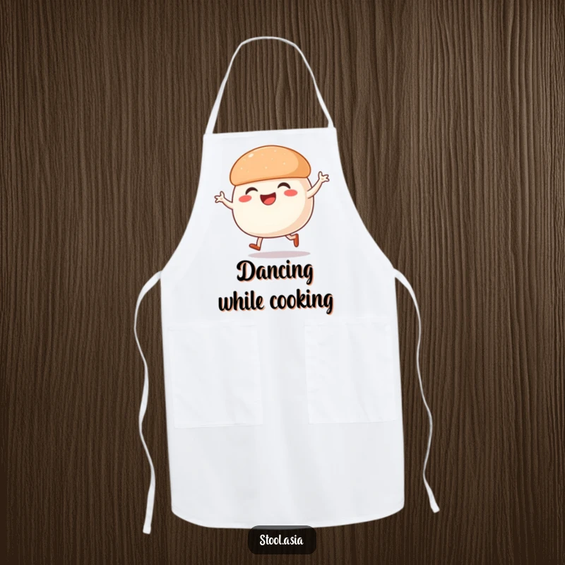 Funny Steamed Bun Apron: A smiling steamed bun with legs doing a street dance, ready to add fun to cooking.