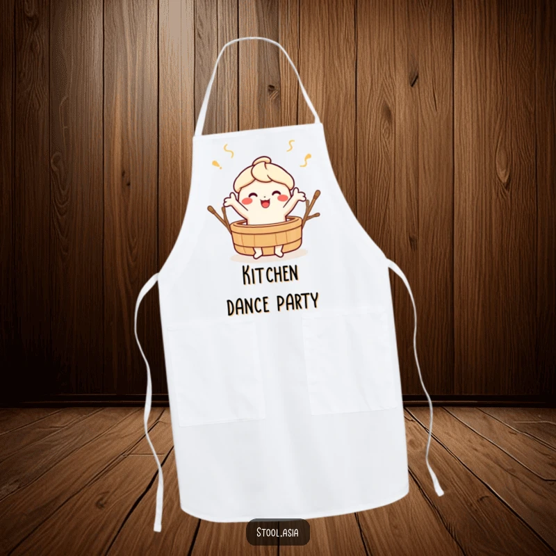 Funny cheerful dim sum character doing a happy dance around a bamboo steamer on a kitchen apron.