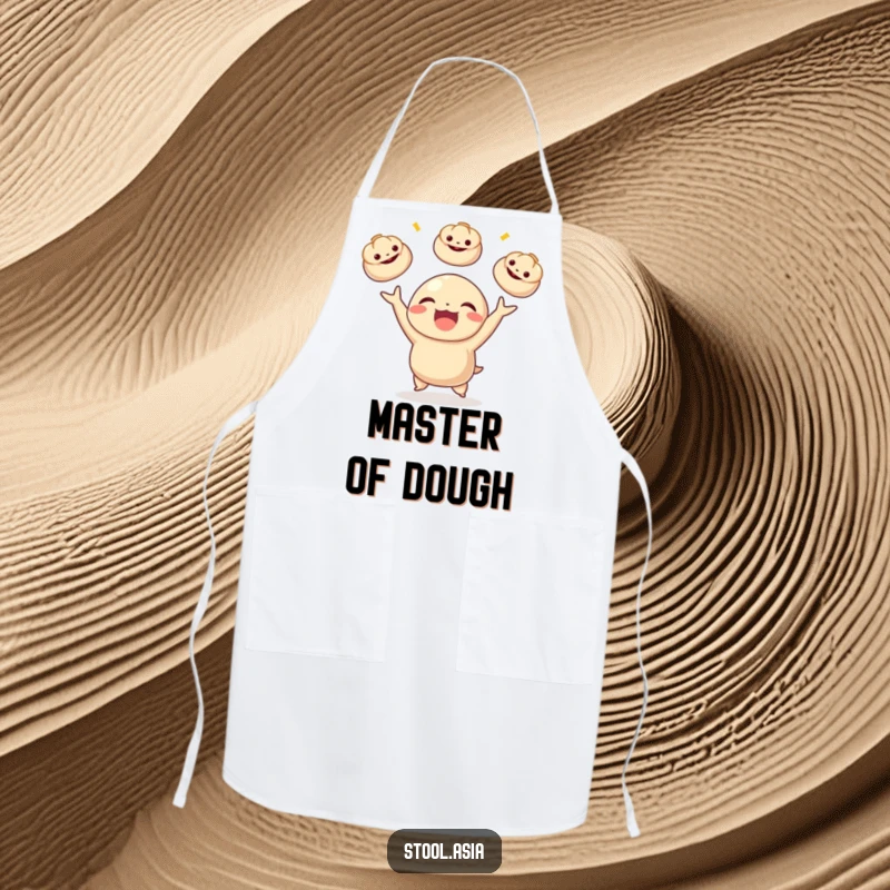 Funny dumpling character joyfully juggling miniature bao buns on a kitchen apron, perfect for cooks and food lovers.