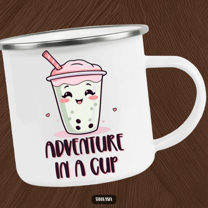 Funny enamel camping mug featuring a giggling and wiggling boba tea cup with a straw, perfect for outdoor fun.