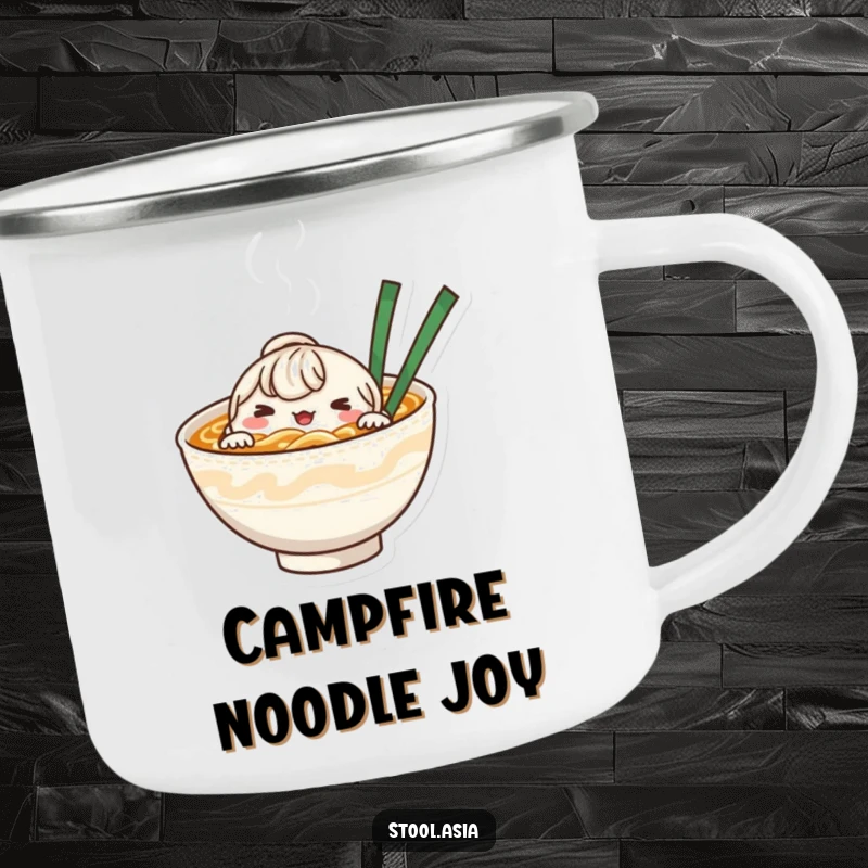 Funny whimsical noodle bowl character peeking from steaming broth on a durable camping mug.