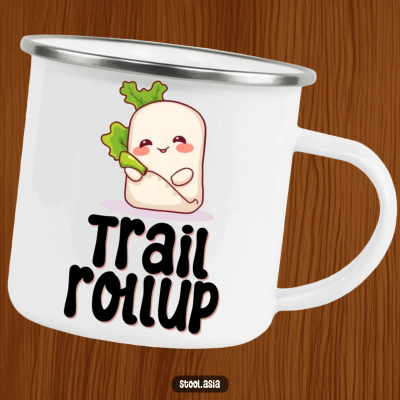 Funny spring roll character playfully rolling a small piece of lettuce on a durable camping mug.