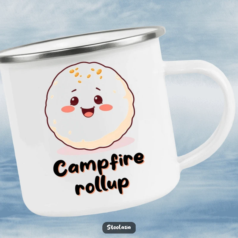 Funny Takoyaki Camping Mug: A delighted takoyaki ball with eyes rolling around joyfully, perfect for outdoor enjoyment.