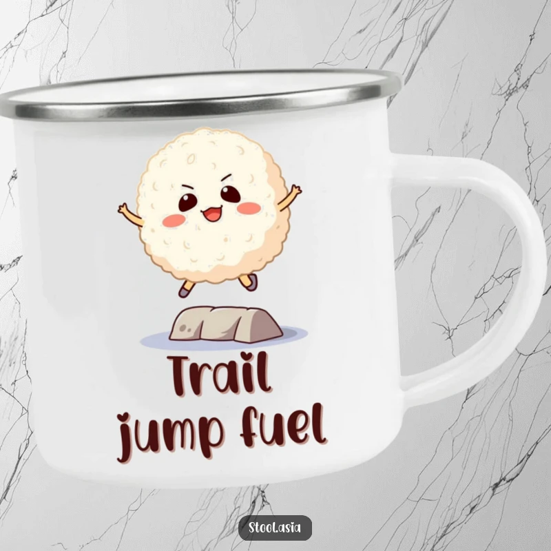 Funny Rice Ball Camping Mug: A determined rice ball bravely jumping over an obstacle, perfect for outdoor achievers.