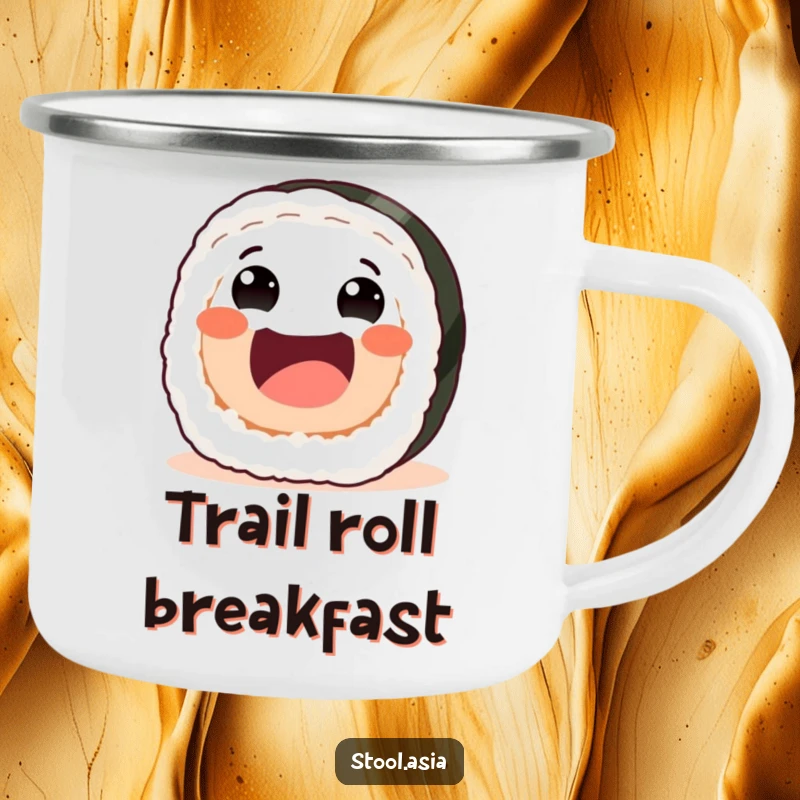 Funny sushi roll camping mug with a joyful roll rolling forward enthusiastically, perfect for outdoor dining.