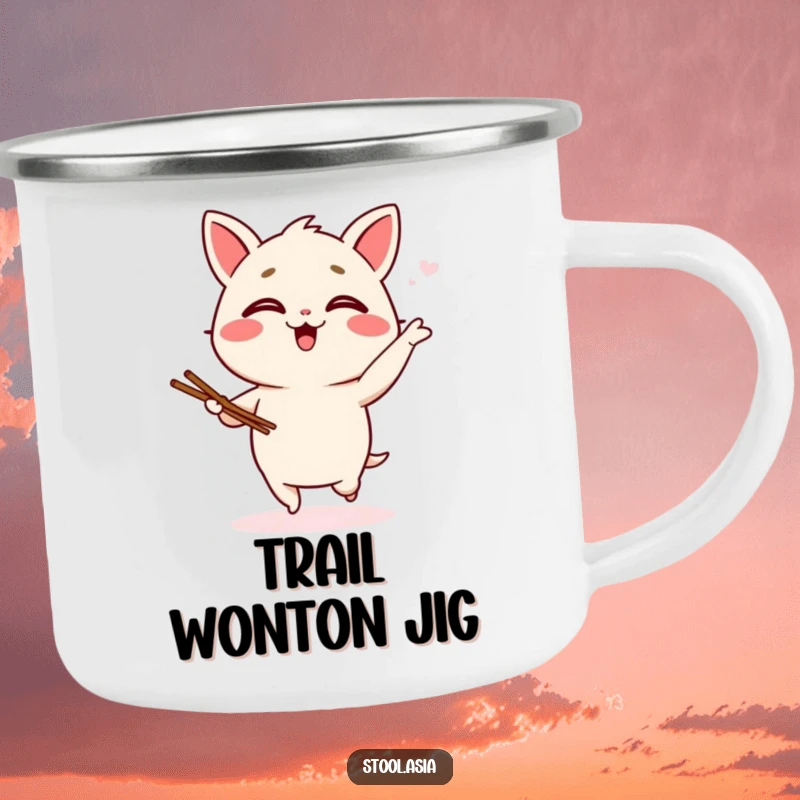 Funny wonton camping mug featuring a giggling dumpling doing a silly jig with tiny chopsticks, ready for outdoor fun.