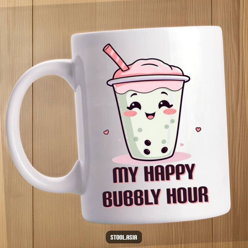 Funny boba tea cup with a straw giggling and wiggling with pure delight, a cheerful cartoon illustration for a playful gift.