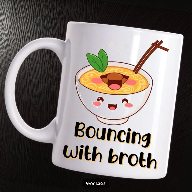 Funny ramen bowl mug showing a cheerful bowl bouncing with energy on steaming broth.