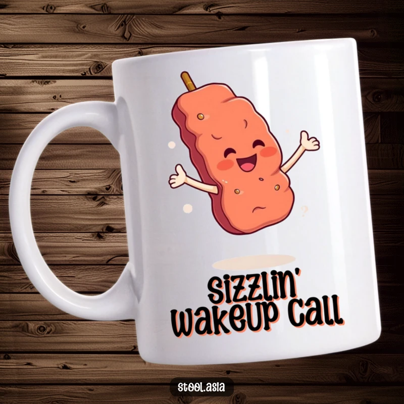 Funny Skewer Mug: A cheerful grilled meat skewer with arms striking a flamboyant pose, ready to entertain.