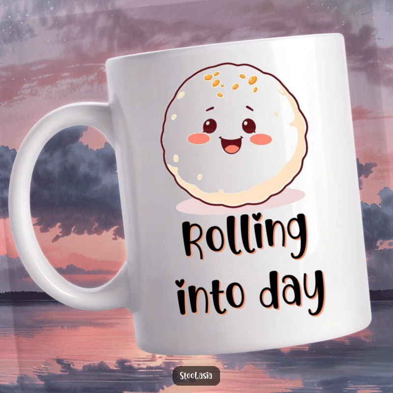 Funny Takoyaki Mug: A delighted, round takoyaki ball with small eyes joyfully rolling with glee.
