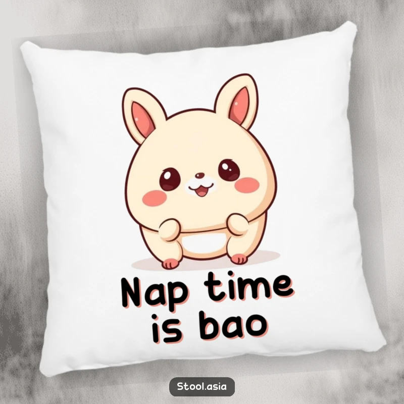 Funny bao bun pillow showing a happy, bouncing bun with cheerful eyes and a smile, soft and cute.