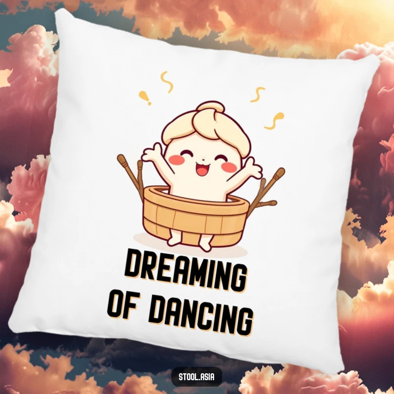 Funny dim sum character doing a lively dance around a bamboo steamer, depicted on a soft, decorative pillow.