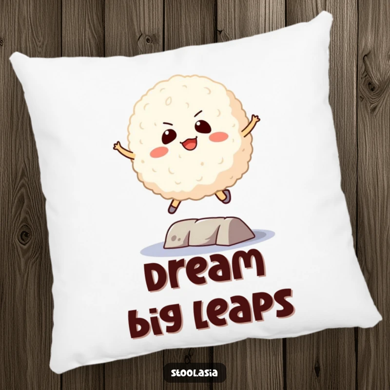 Funny Rice Ball Pillow: A playful rice ball with a determined expression, jumping over an obstacle, plush and inspiring.