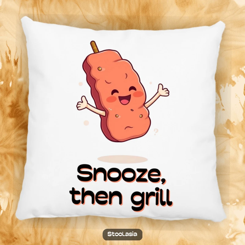 Funny Skewer Pillow: A smiling grilled meat skewer with arms executing a flamboyant flourish, soft and amusing.