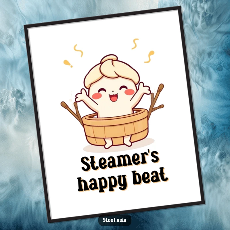 Funny cheerful dim sum character doing a lively dance around a bamboo steamer, as a downloadable digital art print.