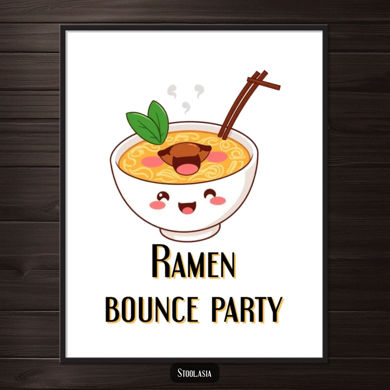 Funny ramen bowl digital art print of a cheerful bowl bouncing with energy, instant fun decor.