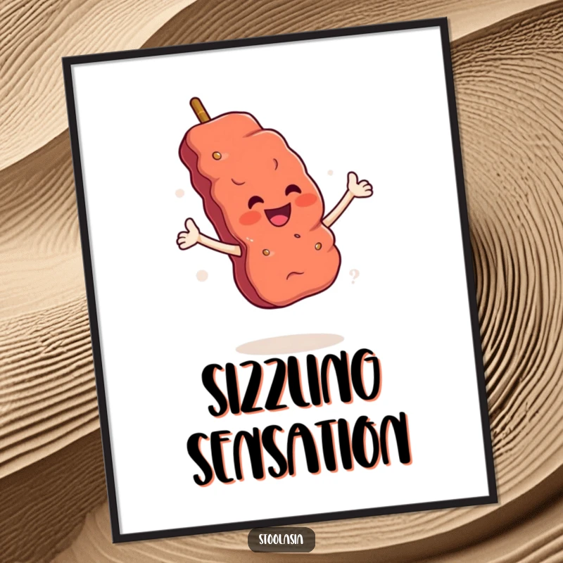 Funny Skewer Digital Art: A smiling meat skewer with arms performing a flamboyant flourish, full of culinary energy.