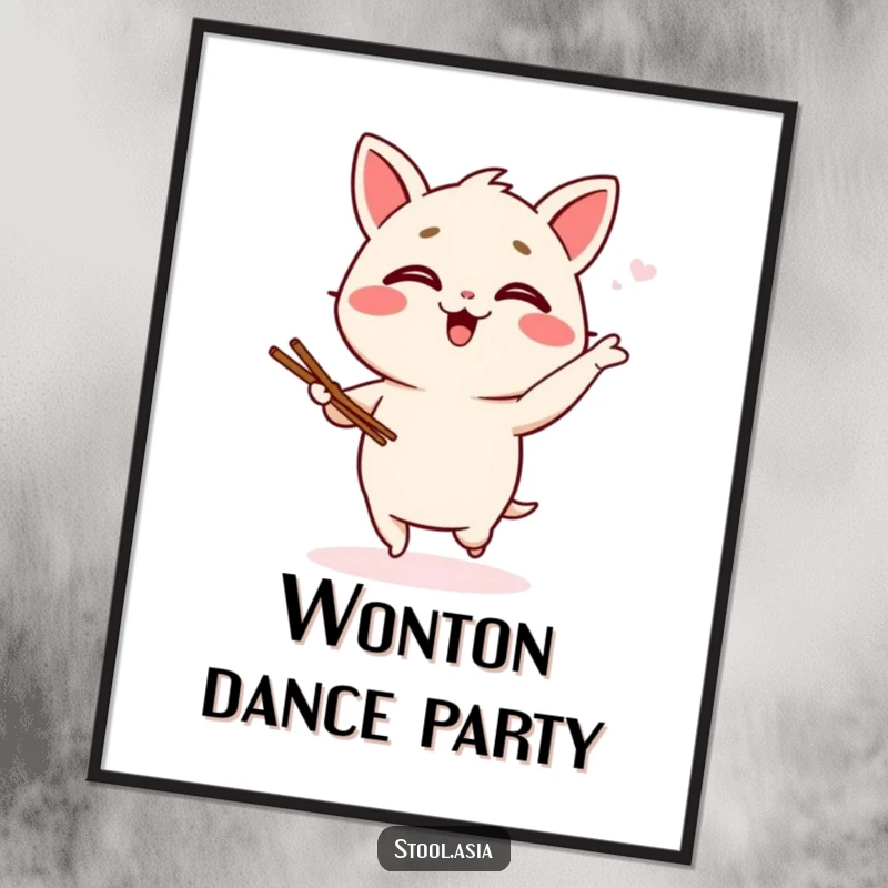 Funny wonton digital art print of a giggling dumpling character doing a silly jig with tiny chopsticks, radiating pure happiness.