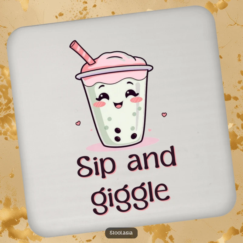 Funny coaster featuring a giggling and wiggling boba tea cup with a straw, protecting surfaces with cartoon charm.