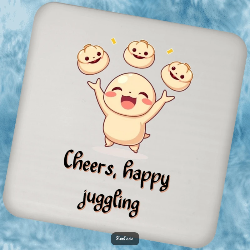 Funny dumpling character joyfully juggling three small bao buns, depicted on protective drink coasters for tables.