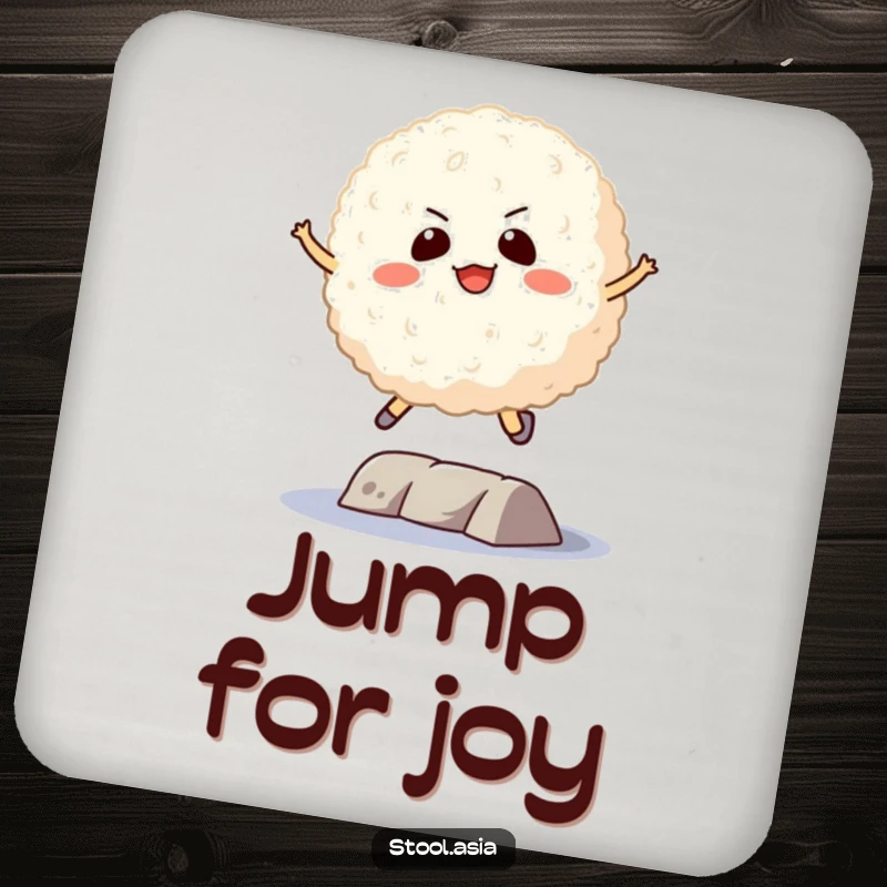 Funny Rice Ball Coaster: A determined rice ball jumping over an obstacle, protecting drinks with athletic grace.