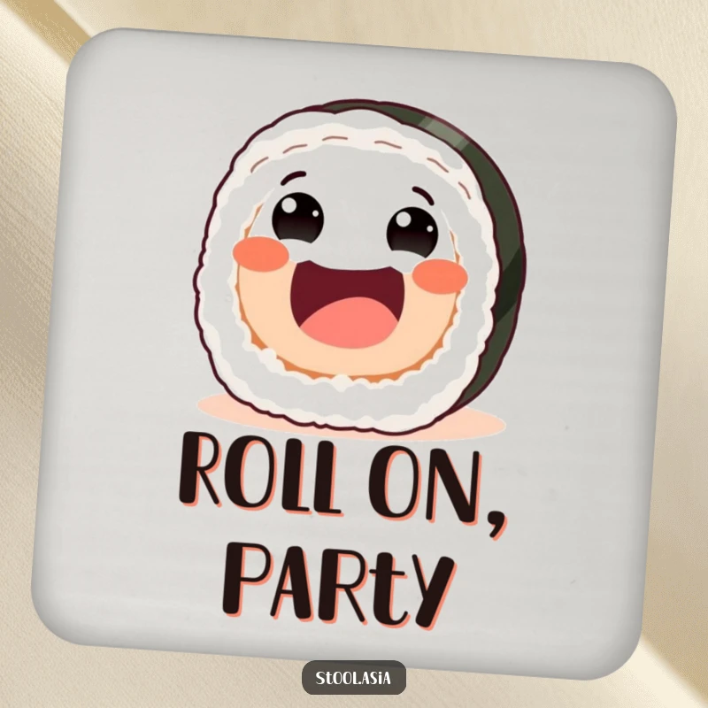Funny sushi roll coaster with a joyful roll rolling forward enthusiastically, protecting surfaces with fun.