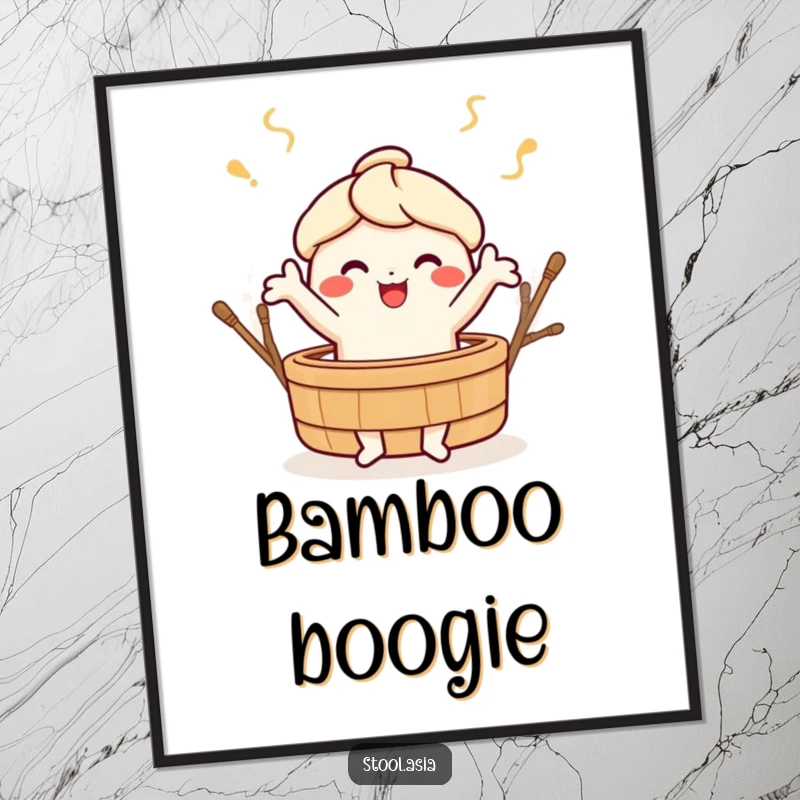 Funny cheerful dim sum character doing a lively dance around a bamboo steamer, as a vibrant art print for decor.