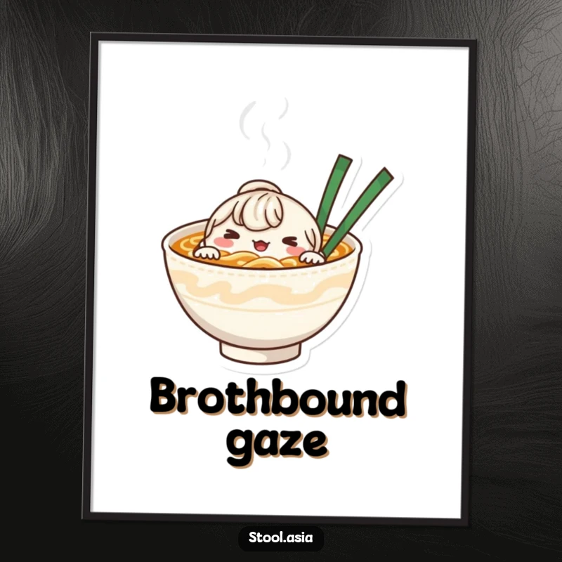 Funny whimsical noodle bowl character peeking from steaming broth, as a vibrant art print for decor.