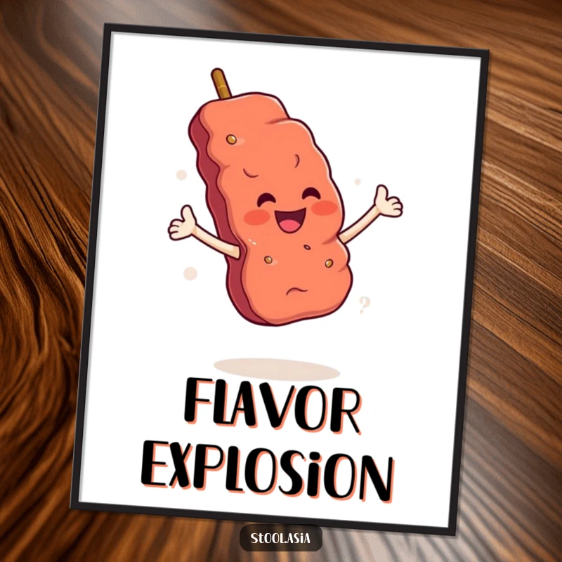 Funny Skewer Poster: A cheerful meat skewer with arms in a dramatic, flamboyant flourish, perfect for kitchen art.