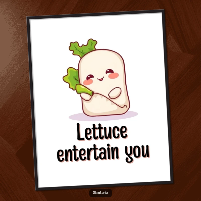 Funny smiling spring roll character playfully rolling a small piece of lettuce, as a vibrant art print for decor.