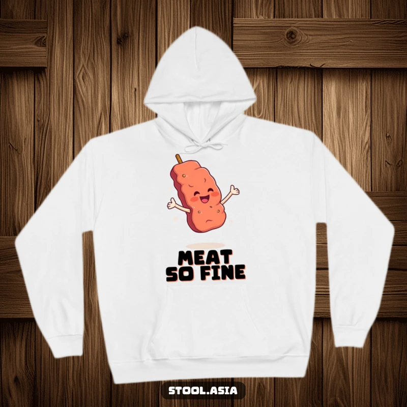Funny Skewer Hoodie: A cheerful meat skewer with arms performing a dramatic flourish, radiating confidence.