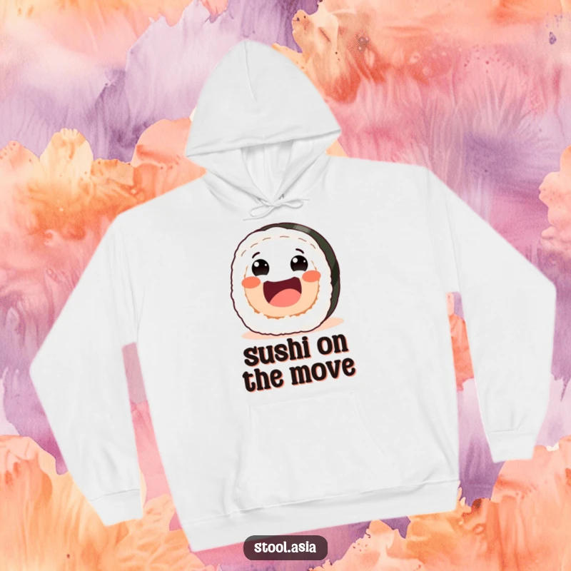 Funny sushi roll hoodie showing a joyful roll with friendly eyes and a wide mouth rolling with enthusiasm.