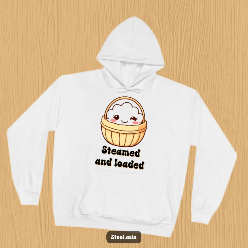 Funny dim sum basket hoodie showing a smiling basket with simple eyes and a happy mouth wobbling playfully.