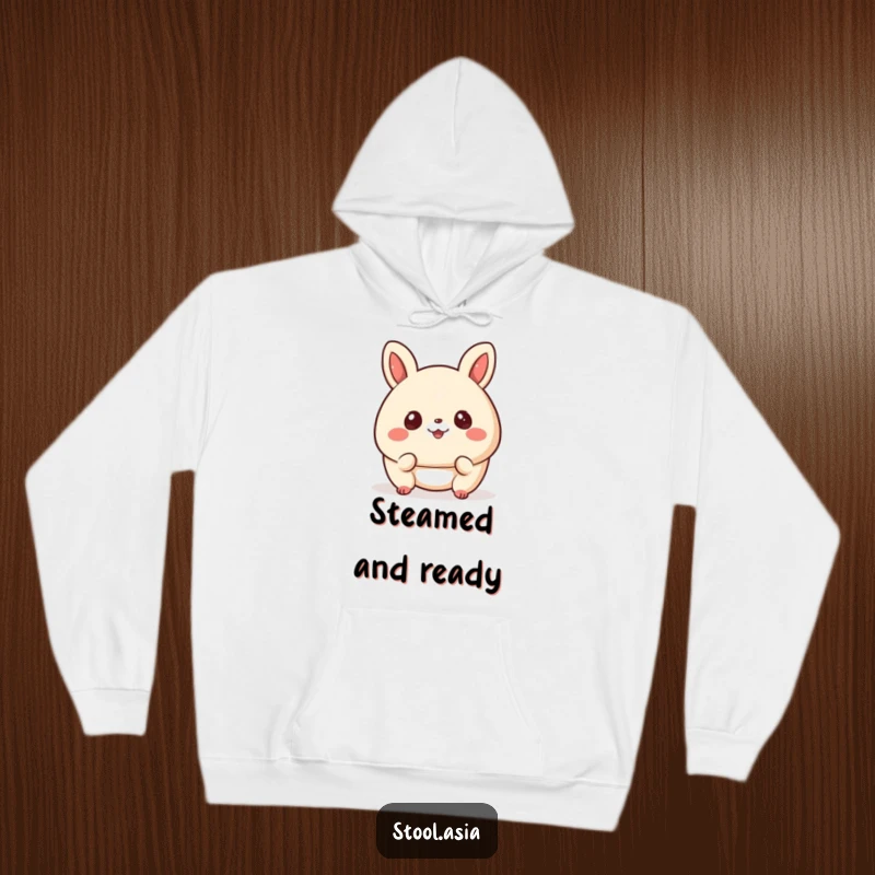 Funny bao bun hoodie showing a happy, bouncing bun with cheerful eyes and a smile, cozy and cute.