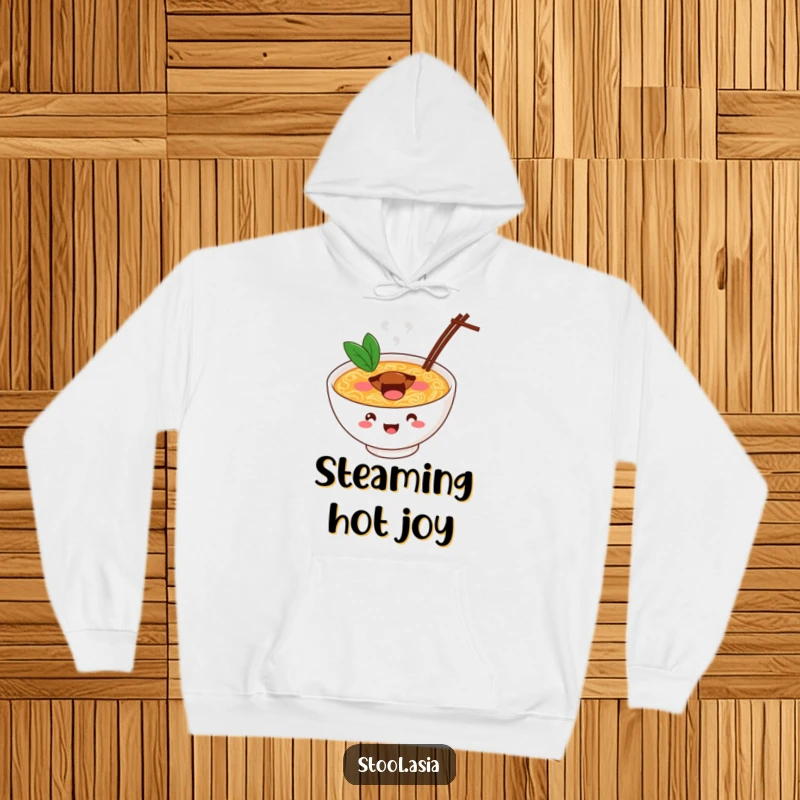 Funny ramen bowl hoodie showing a cheerful bowl bouncing with energy on steaming broth, cozy and fun.