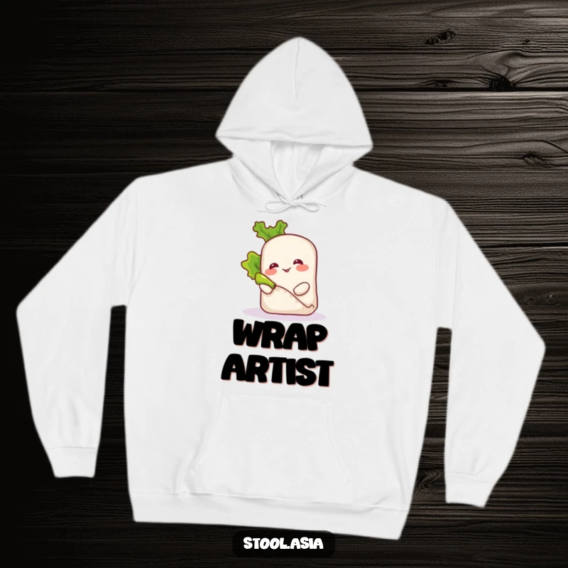 Funny spring roll character playfully rolling a small piece of lettuce, printed on a comfortable hoodie for foodies.