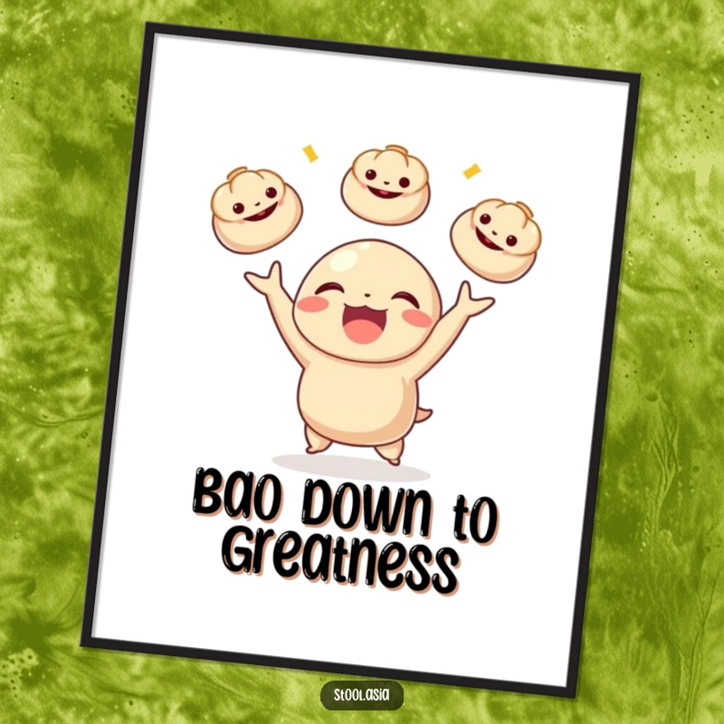 Funny Free Printable Dumpling Juggling Wall Art: Delighted dumpling juggling bao buns, a humorous downloadable art piece.