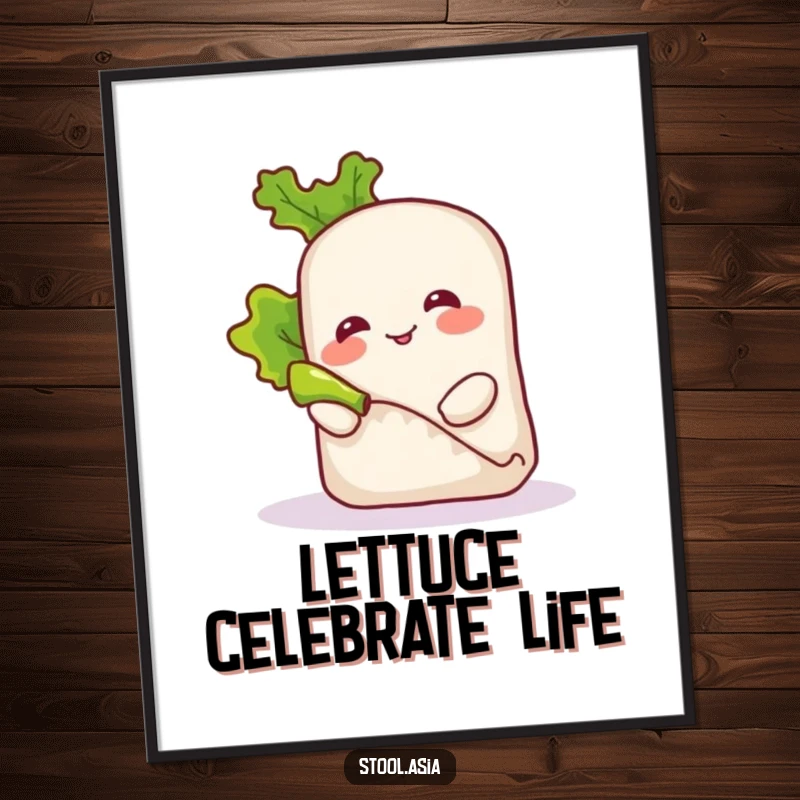 Funny Free Printable Spring Roll Rolling Wall Art: Smiling character rolling lettuce, a humorous downloadable art piece.