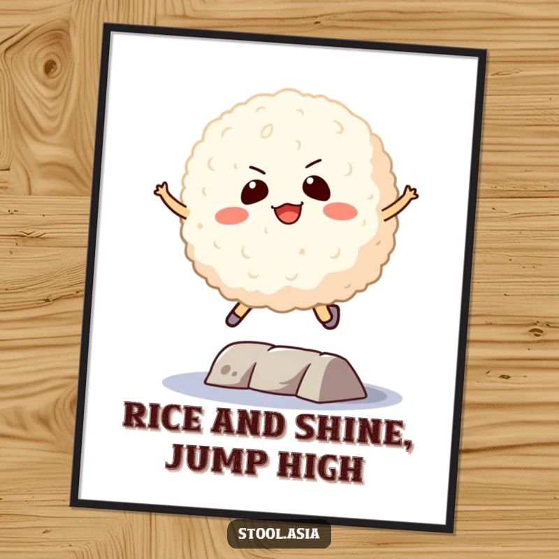 Funny Free Printable Wall Art: A playful rice ball with a determined expression successfully jumping over a small obstacle.