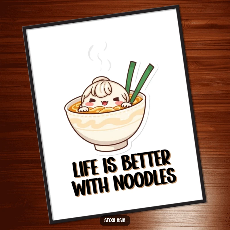 Funny Free Printable Noodle Bowl Peeking Wall Art: Whimsical character in broth, a humorous downloadable art piece.