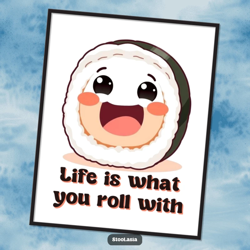Funny Free Printable Wall Art, a joyful sushi roll with friendly eyes and a wide grin, rolling forward with great enthusiasm.