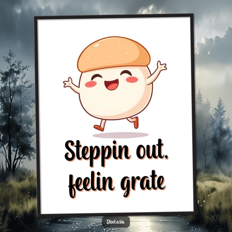 Funny Free Printable Wall Art: A smiling steamed bun with tiny legs performing an energetic street dance.