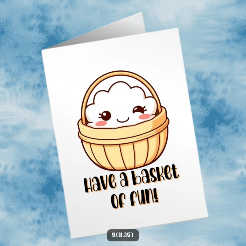 Funny Free Printable Birthday Card, a smiling dim sum basket with simple eyes and a happy mouth wobbling playfully.