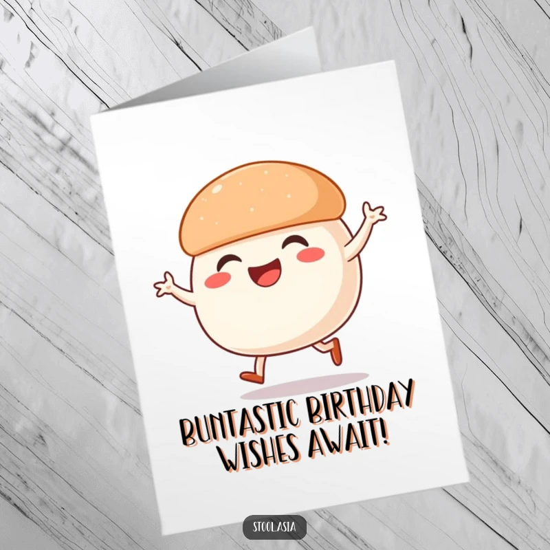 Funny Free Printable Birthday Card: Steamed bun with tiny legs joyfully street dancing, spreading birthday cheer.