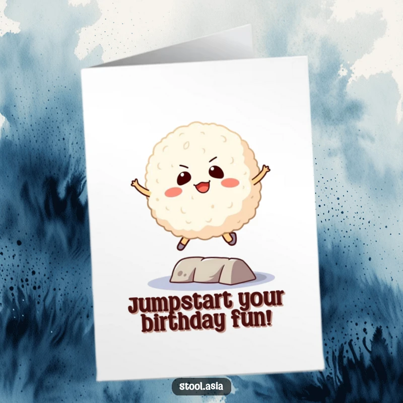 Funny Free Printable Birthday Card: A playful rice ball with a determined expression jumping over an obstacle.