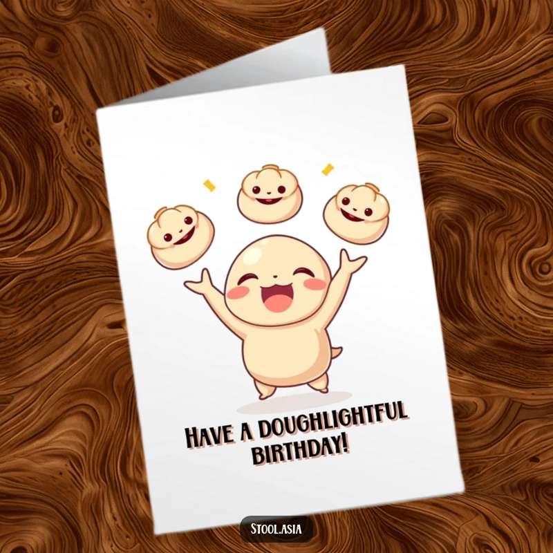Funny Free Printable Dumpling Birthday Card: Delighted dumpling juggling bao buns, a humorous downloadable gift.