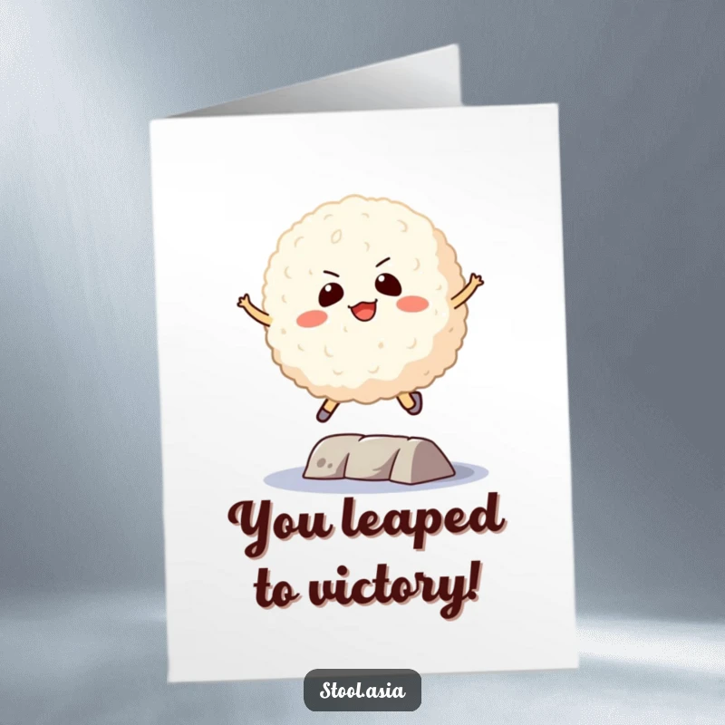 Funny Free Printable Congratulations Card: A playful rice ball with a determined face leaping over a small barrier.