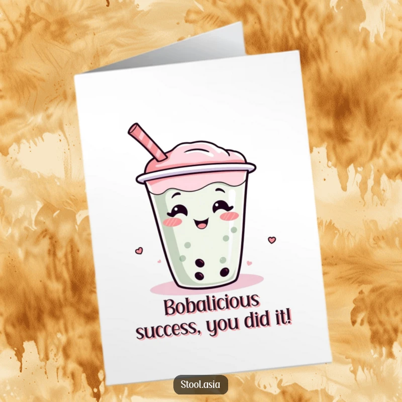 Funny Free Printable Congratulations Card featuring a wiggling boba tea cup with a straw, spreading joy and good vibes.
