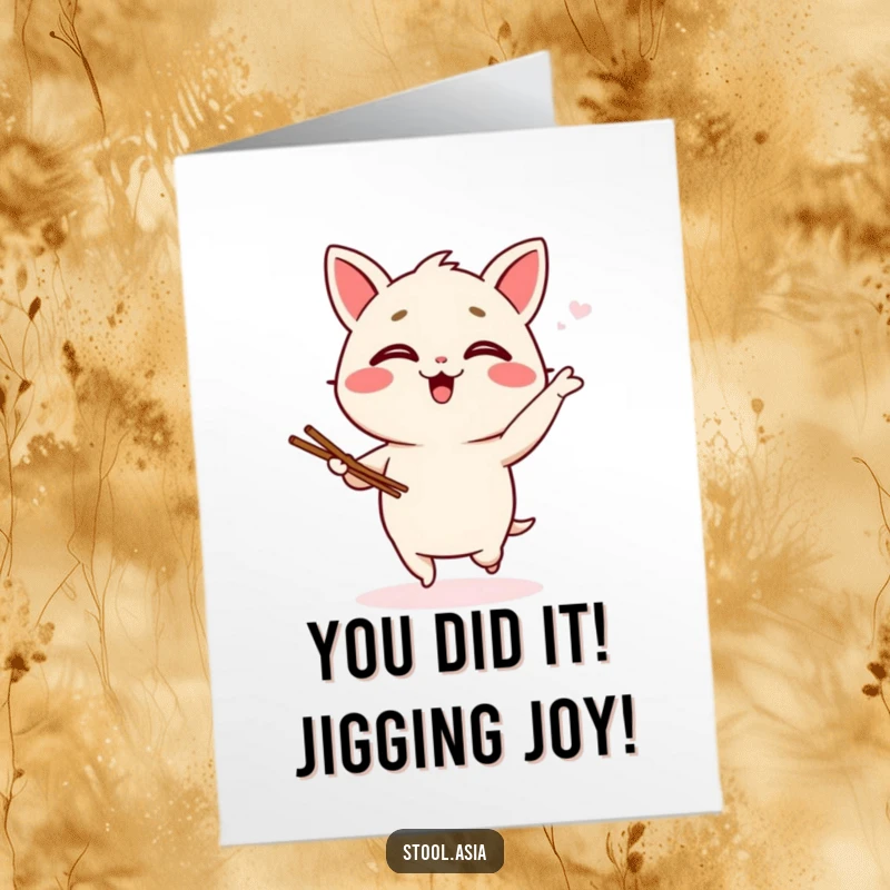 Funny Free Printable Congratulations Card: A happy wonton character does a giggling jig with tiny chopsticks, celebrating success.